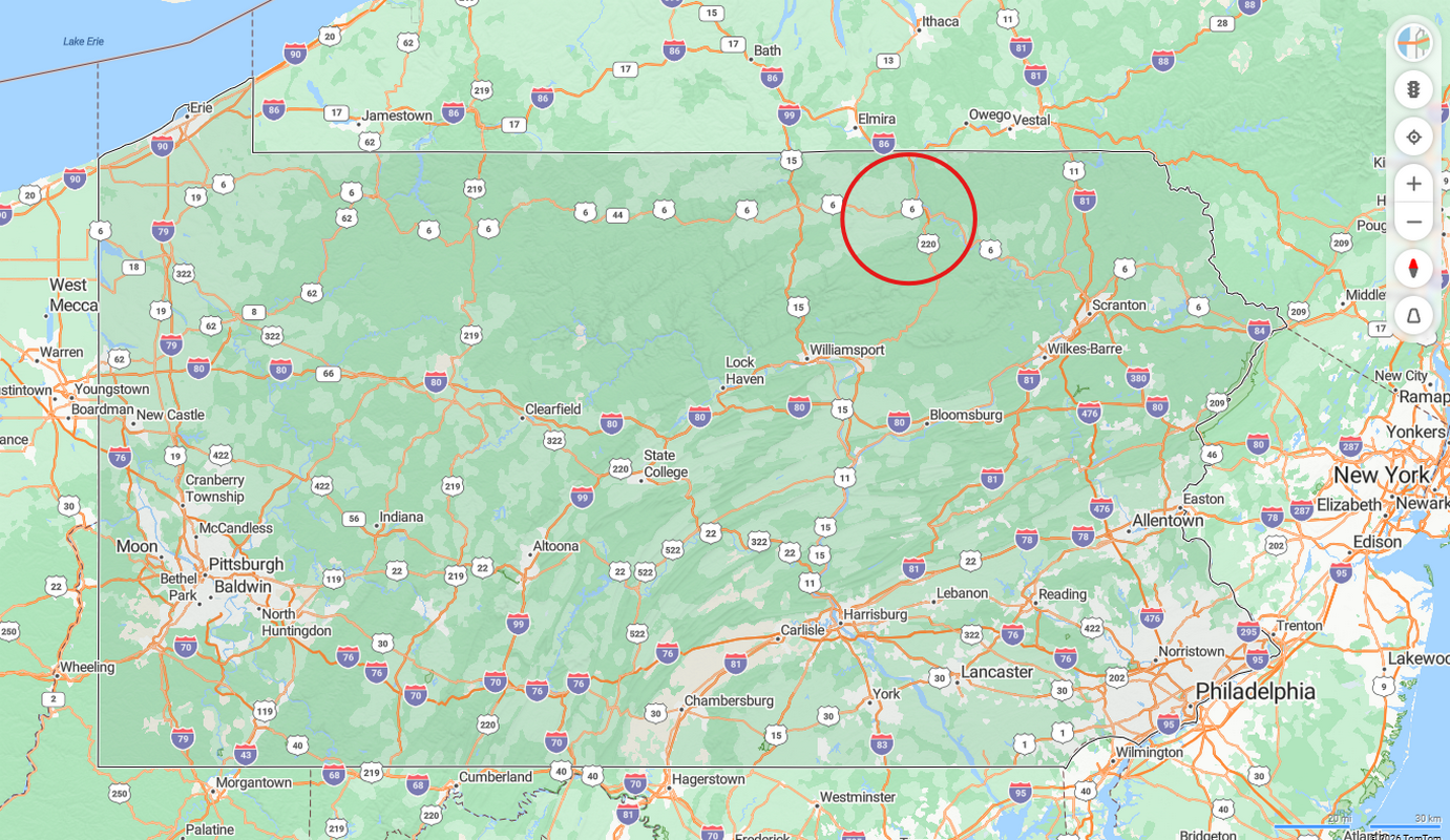 Map of Pennsylvania, with a red circle drawn around Bradford County to indicate the operating area of Blackhill Energy LLC